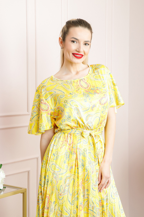 Rochie plisata satinata galbena cu imprimeuri mandala [3]