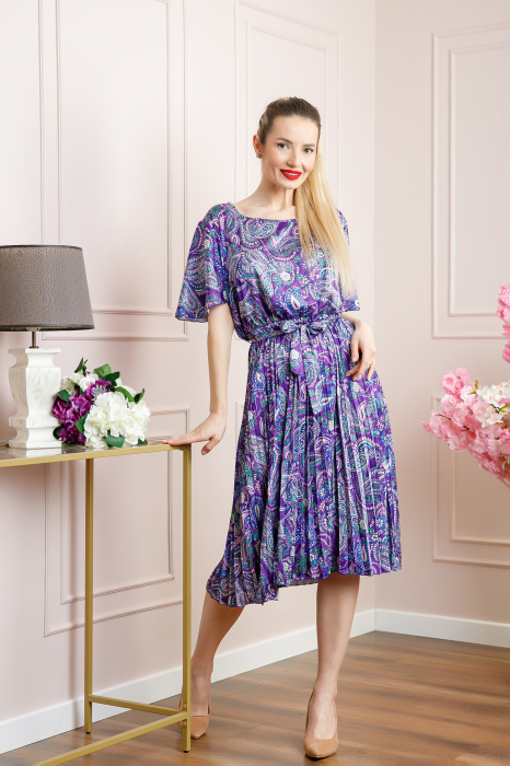 Rochie plisata satinata mov cu imprimeuri mandala [4]