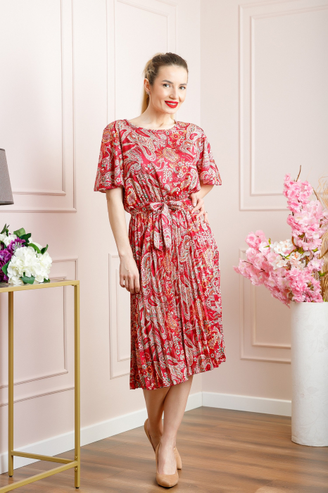 Rochie plisata satinata magenta cu imprimeuri mandala [4]