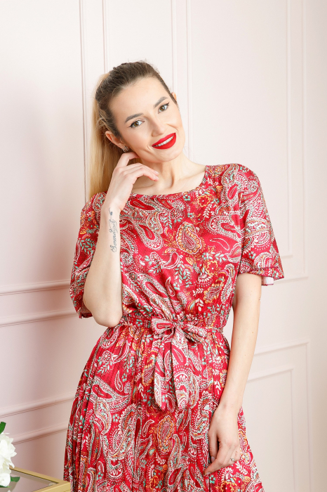 Rochie plisata satinata magenta cu imprimeuri mandala [3]