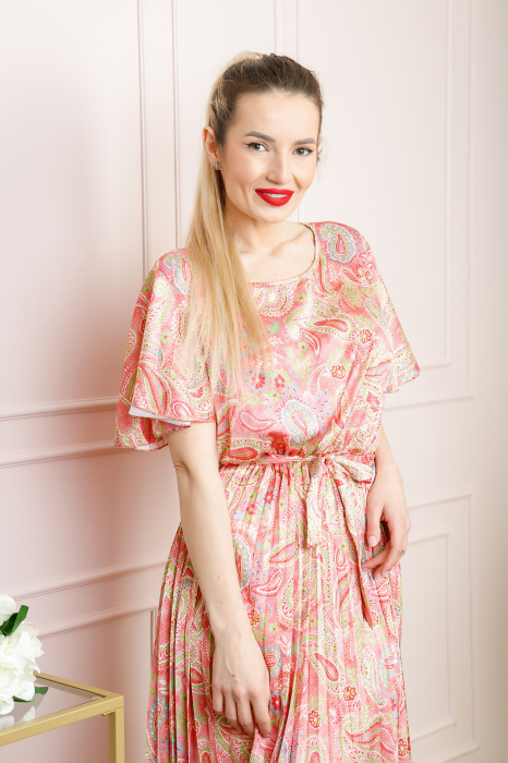Rochie plisata satinata roz piersica cu imprimeuri mandala [3]