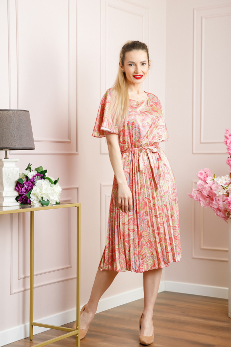 Rochie plisata satinata roz piersica cu imprimeuri mandala [4]