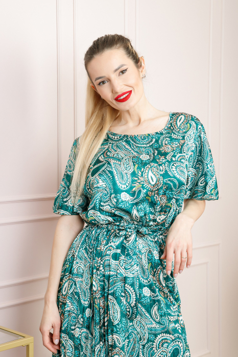 Rochie plisata satinata verde cu imprimeuri mandala [3]