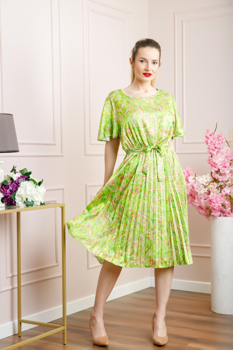 Rochie plisata satinata verde praz cu imprimeuri mandala [4]