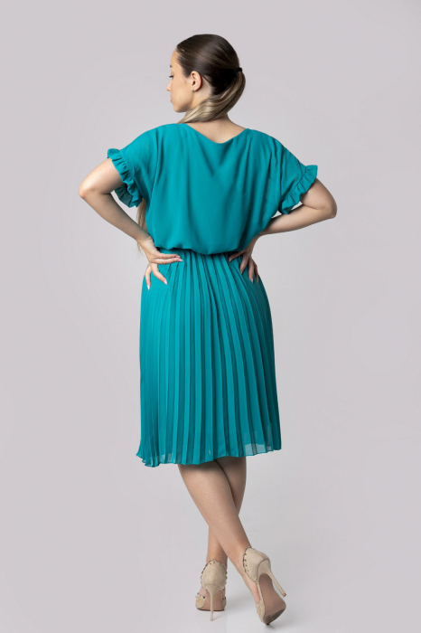 Rochie plisata turcoaz cu cordon in talie [3]