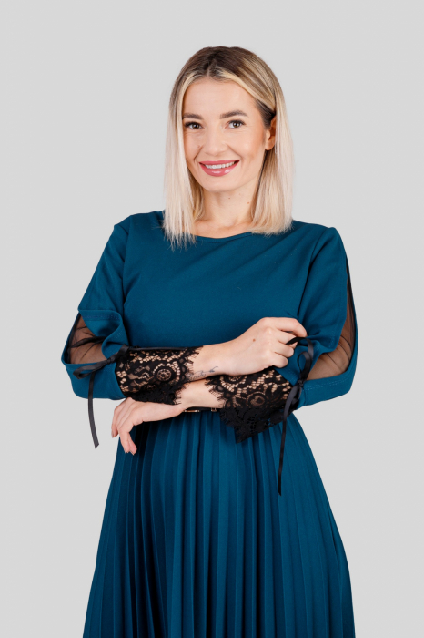 Rochie plisata turcoaz cu dantela si curea in talie [2]