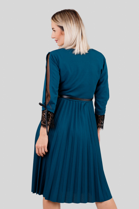 Rochie plisata turcoaz cu dantela si curea in talie [4]