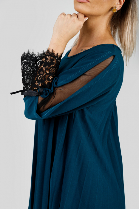 Rochie plisata turcoaz cu insertie de dantela [2]