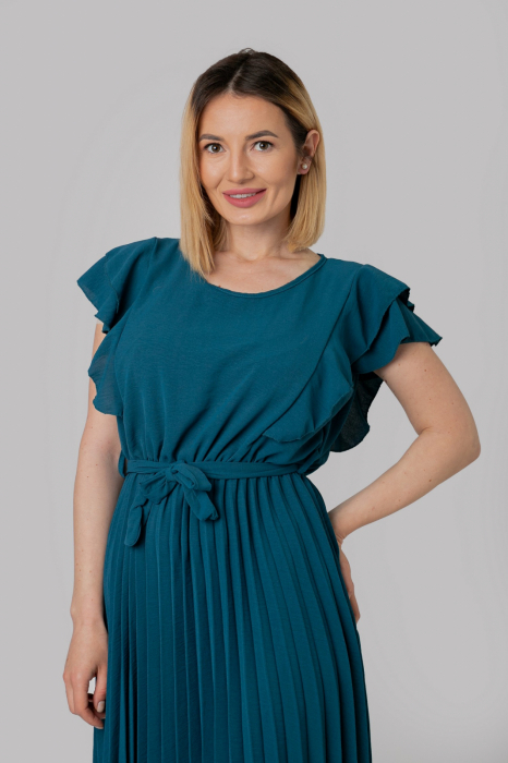 Rochie plisata turcoaz cu volane pe maneci [2]