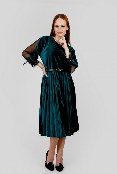 Rochie plisata verde din catifea cu dantela si curea in talie [4]