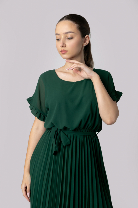 Rochie plisata verde cu cordon in talie [2]