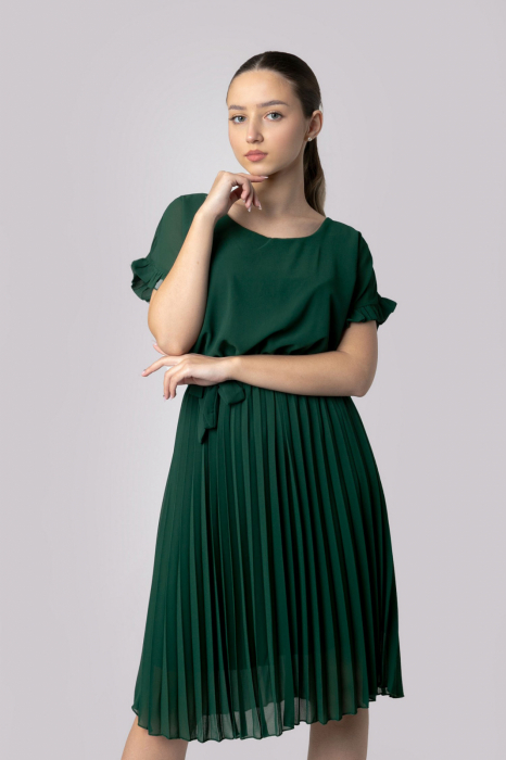 Rochie plisata verde cu cordon in talie [4]