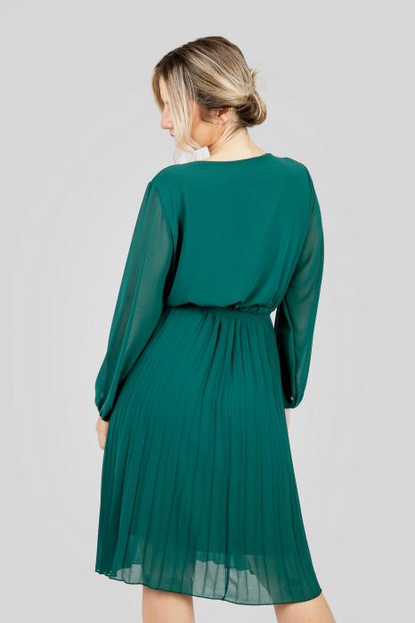 Rochie plisata verde cu cordon in talie si maneca lunga [4]