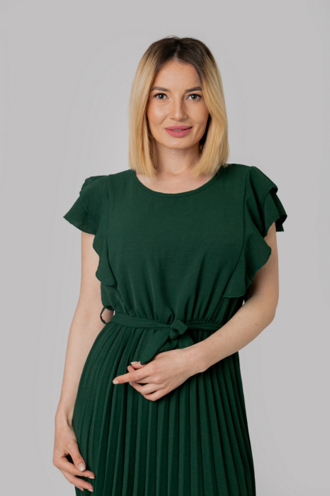 Rochie plisata verde cu volane pe maneci [2]