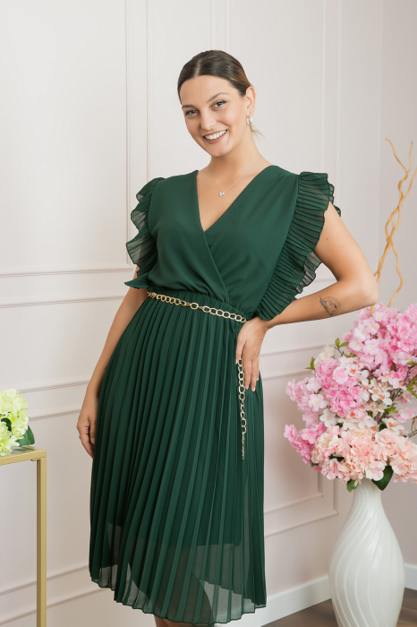 Rochie plisata verde cu volane si lantisor decorativ in talie [3]