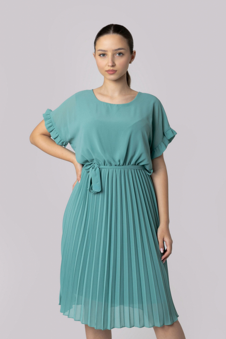 Rochie plisata verde mint cu cordon in talie [4]