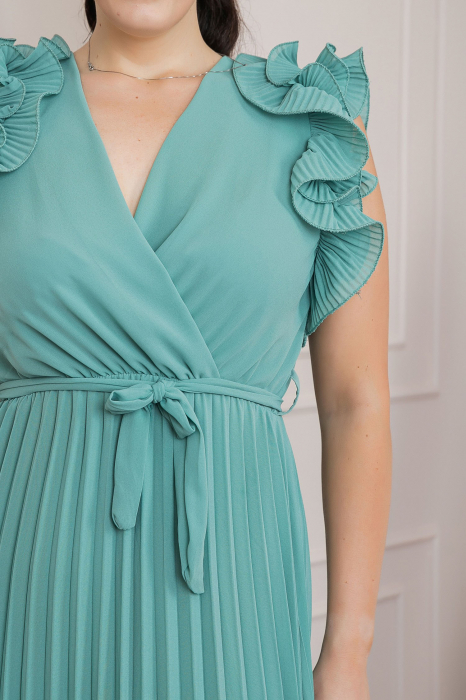 Rochie plisata verde mint cu volane si cordon in talie [2]