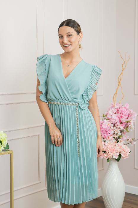 Rochie plisata verde mint cu volane si lantisor decorativ in talie [3]