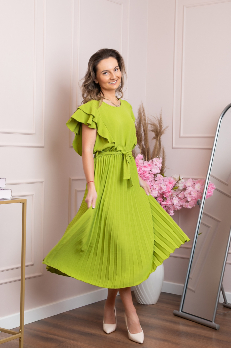 Rochie plisata verde praz cu volane pe maneci [5]