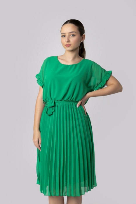 Rochie plisata verde smarald cu cordon in talie [4]