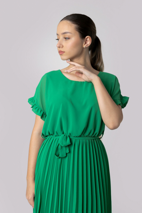 Rochie plisata verde smarald cu cordon in talie [2]