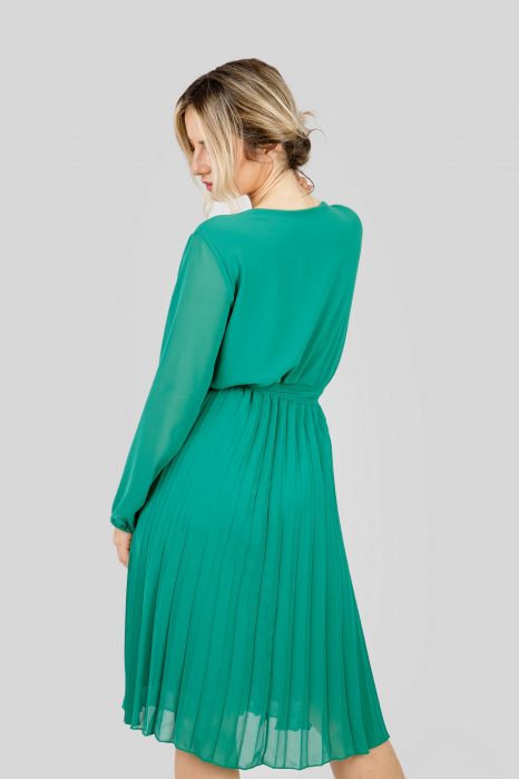 Rochie plisata verde smarald cu cordon in talie si maneca lunga [4]