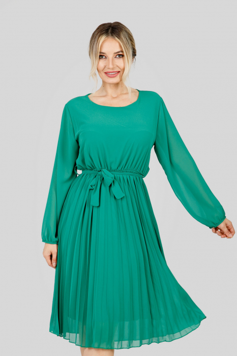Rochie plisata verde smarald cu cordon in talie si maneca lunga [3]