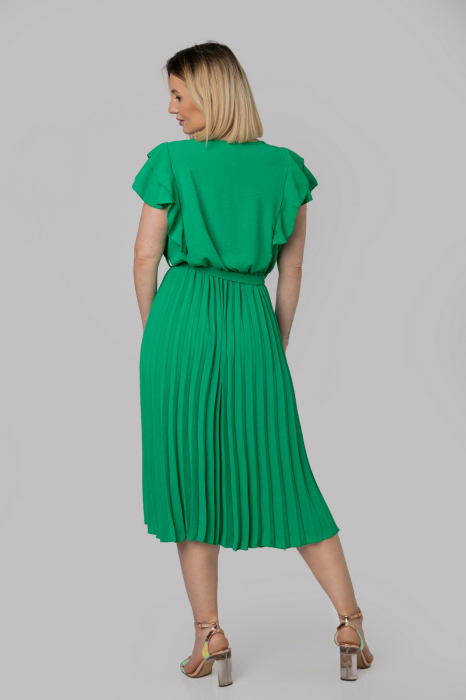 Rochie plisata verde smarald cu volane pe maneci [4]