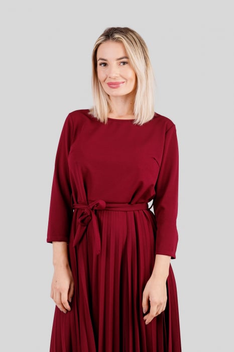 Rochie plisata visinie cu maneci trei sferturi si cordon in talie [2]