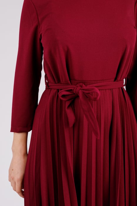 Rochie plisata visinie cu maneci trei sferturi si cordon in talie [3]