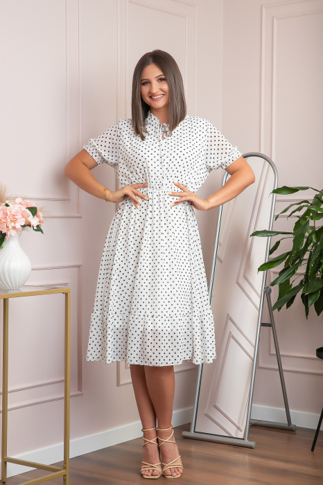 Rochie retro alba Brenda cu buline si maneci bufante [4]