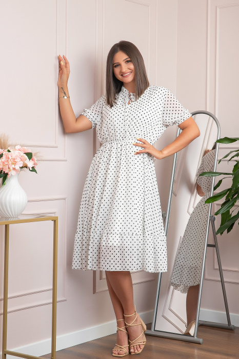 Rochie retro alba Brenda cu buline si maneci bufante