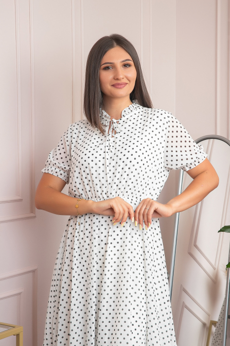 Rochie retro alba Brenda cu buline si maneci bufante [2]
