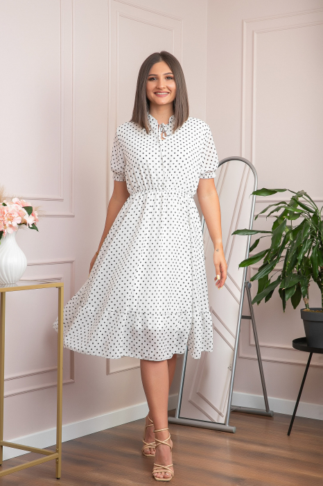 Rochie retro alba Brenda cu buline si maneci bufante [3]