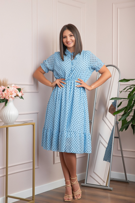 Rochie retro bleu Brenda cu buline si maneci bufante [4]