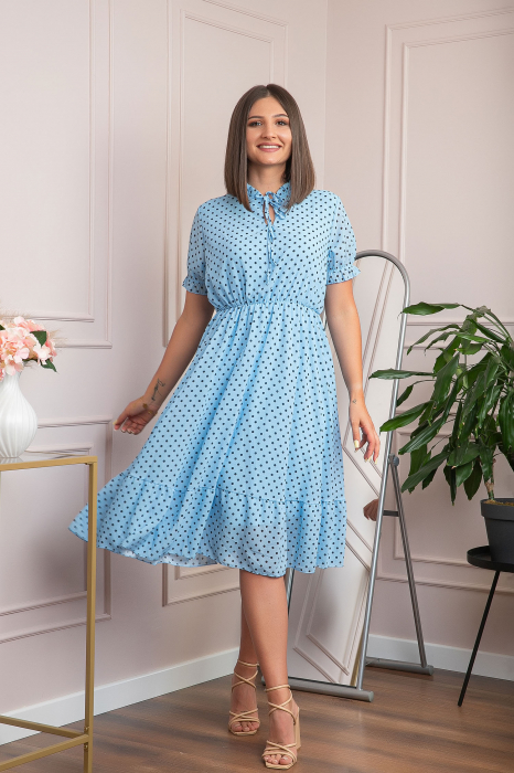 Rochie retro bleu Brenda cu buline si maneci bufante [3]