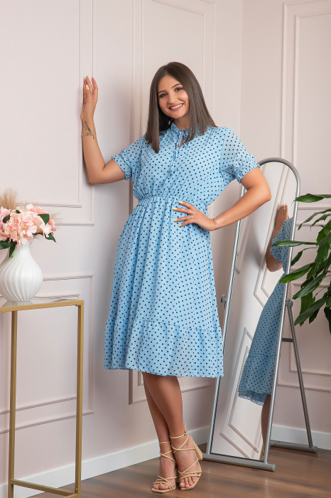 Rochie retro bleu Brenda cu buline si maneci bufante