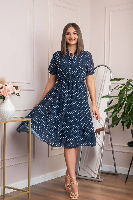 Rochie retro bleumarin Brenda cu buline si maneci bufante [3]