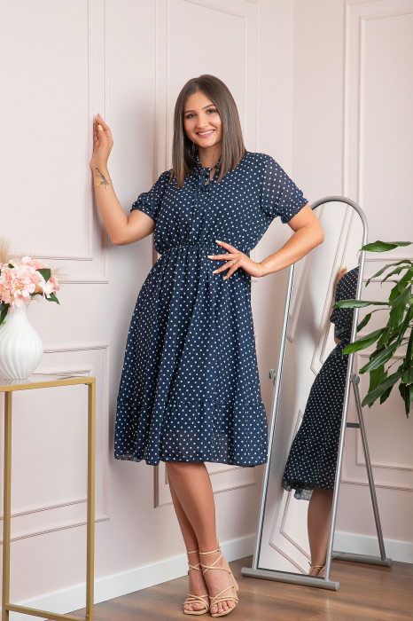 Rochie retro bleumarin Brenda cu buline si maneci bufante