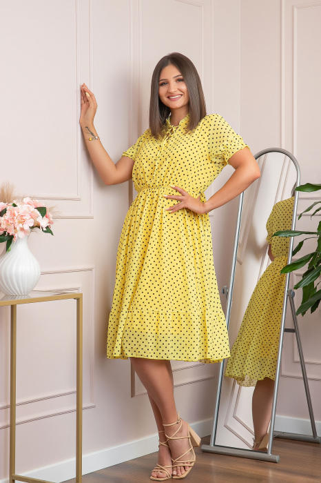 Rochie retro galbena Brenda cu buline si maneci bufante