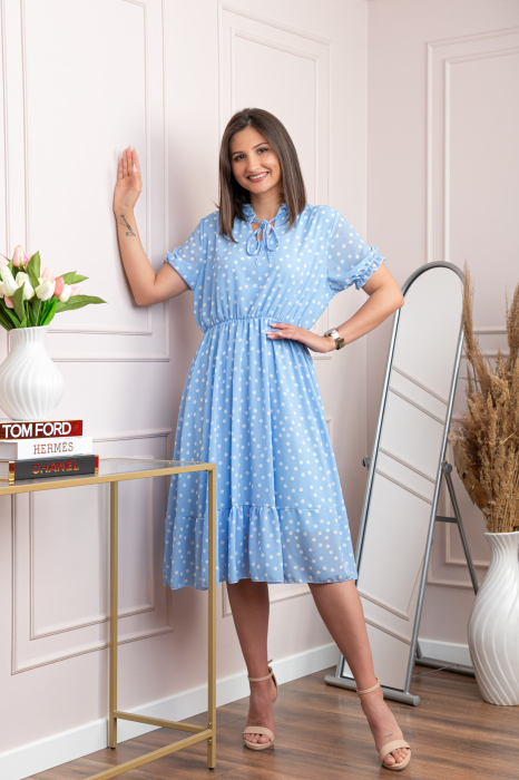 Rochie retro Krista cu buline albe si maneci bufante - Bleu [3]