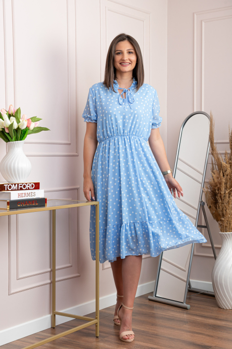 Rochie retro Krista cu buline albe si maneci bufante - Bleu [4]