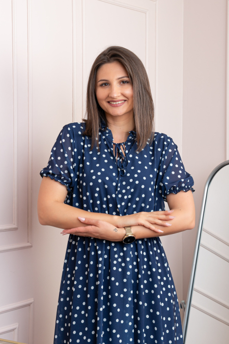 Rochie retro Krista cu buline albe si maneci bufante - Bleumarin [2]