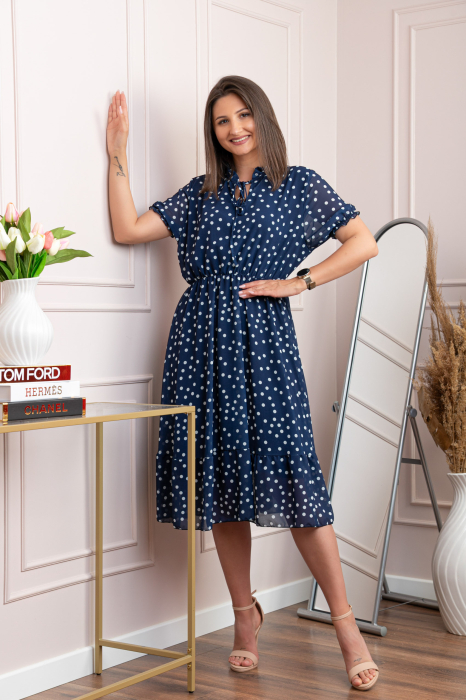 Rochie retro Krista cu buline albe si maneci bufante - Bleumarin [3]
