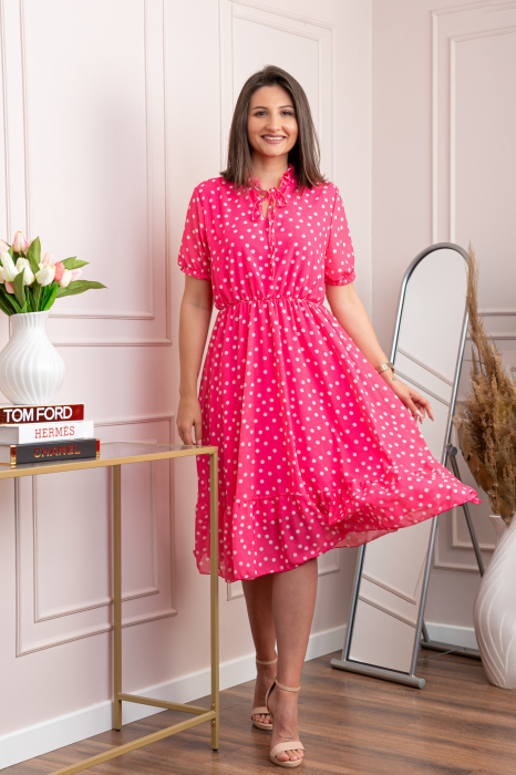 Rochie retro Krista cu buline albe si maneci bufante - Ciclam [4]