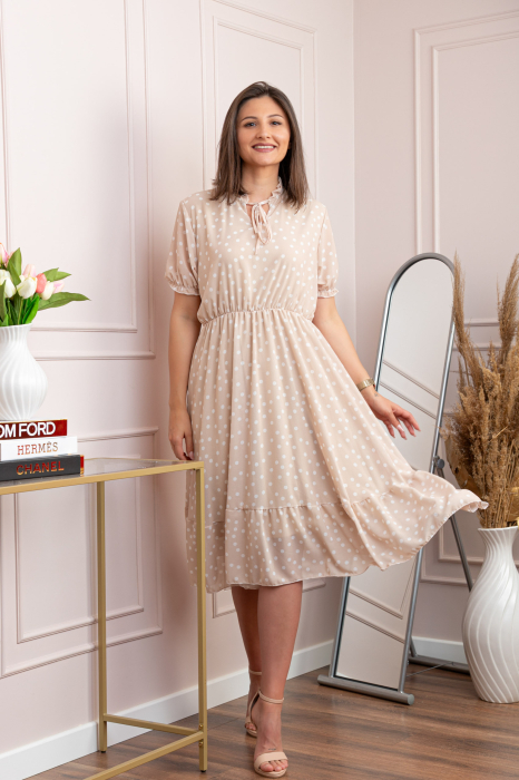 Rochie retro Krista cu buline albe si maneci bufante - Crem [4]