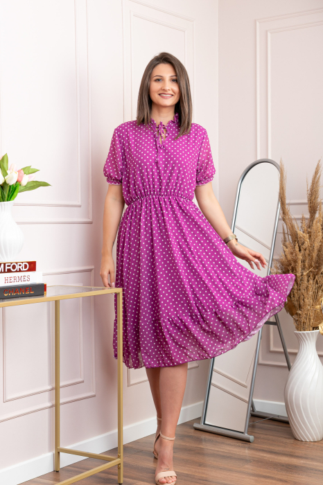 Rochie retro Krista cu buline albe si maneci bufante - Fuchsia [4]