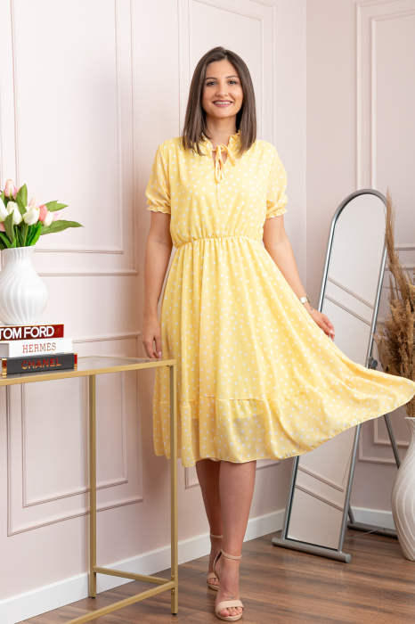 Rochie retro Krista cu buline albe si maneci bufante - Galben pastel [4]