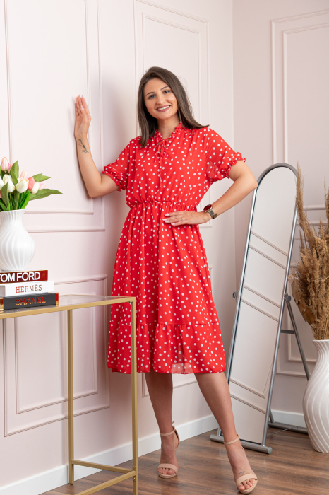 Rochie retro Krista cu buline albe si maneci bufante - Rosu [3]