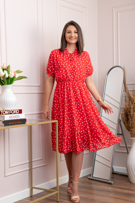 Rochie retro Krista cu buline albe si maneci bufante - Rosu [4]
